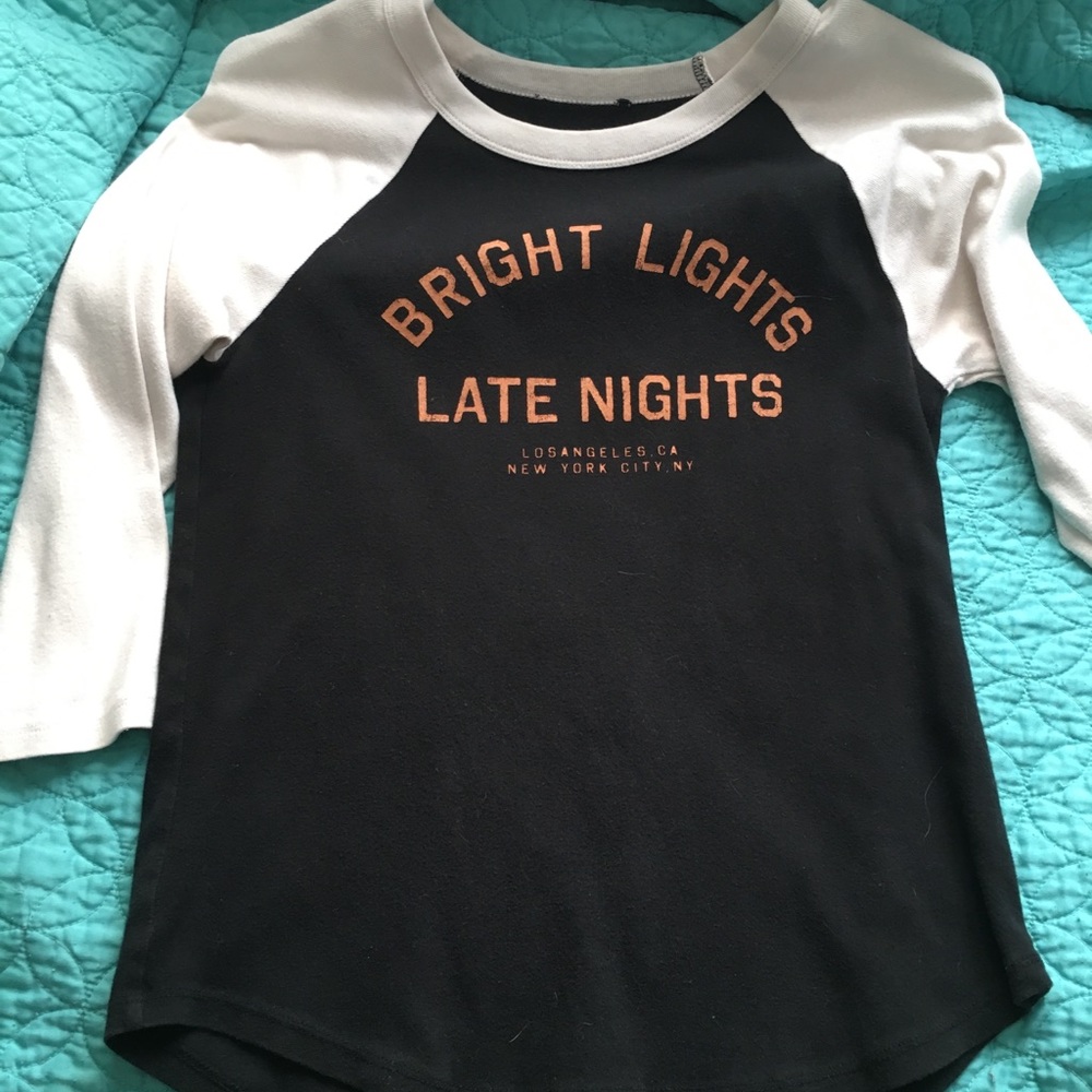 Baseball t “bright lights late nights” 3/4 sleeves